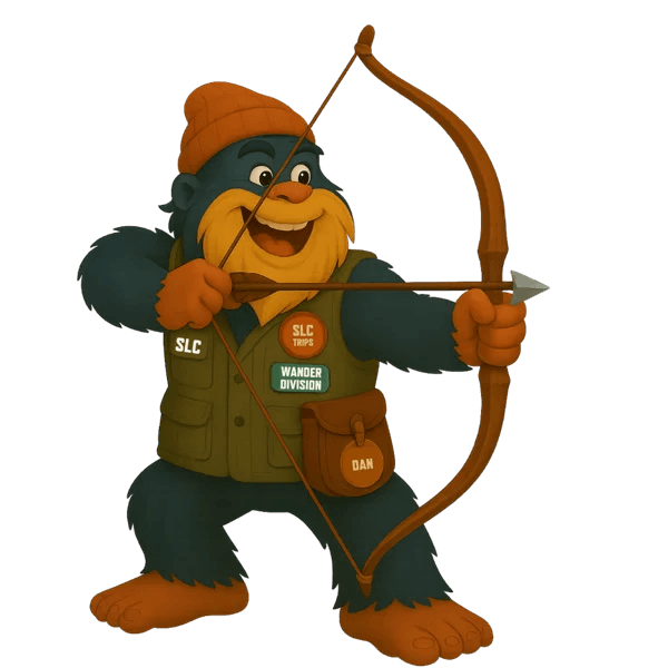 Dan the Wasatch Sasquatch aiming arrow at destination bullseye